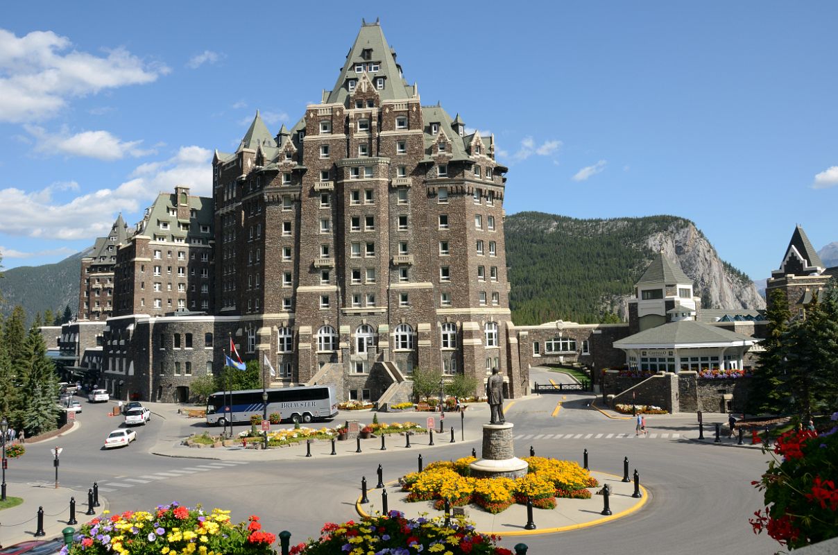 04 Banff Springs Hotel From Terrace With Van Horne Statue And Tunnel Mountain